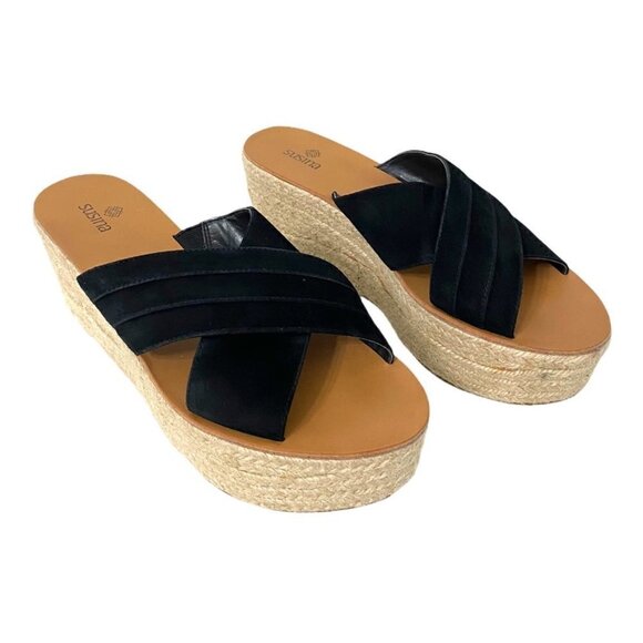 Susina Black Suede Leather Summer Comfort Wedges Platform Espadrille Sandals, 9 - Picture 2 of 11